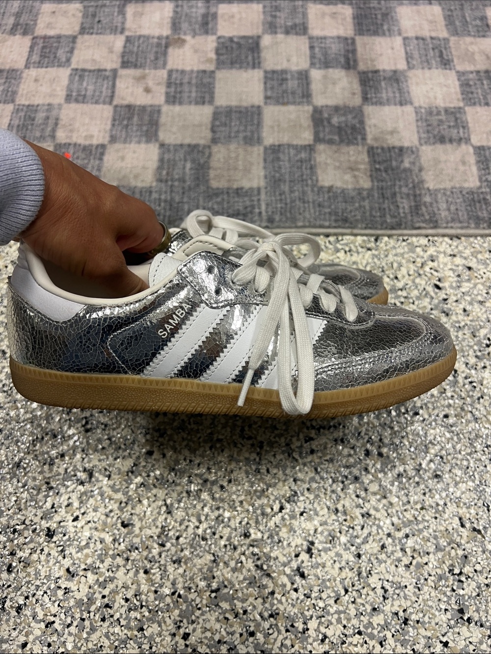 adidas Silver Metallic Samba Sneakers with White Stripes